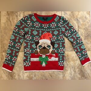 It's Our Time Green Sequin Pug Dog Holiday Christmas Sweater Girls XL